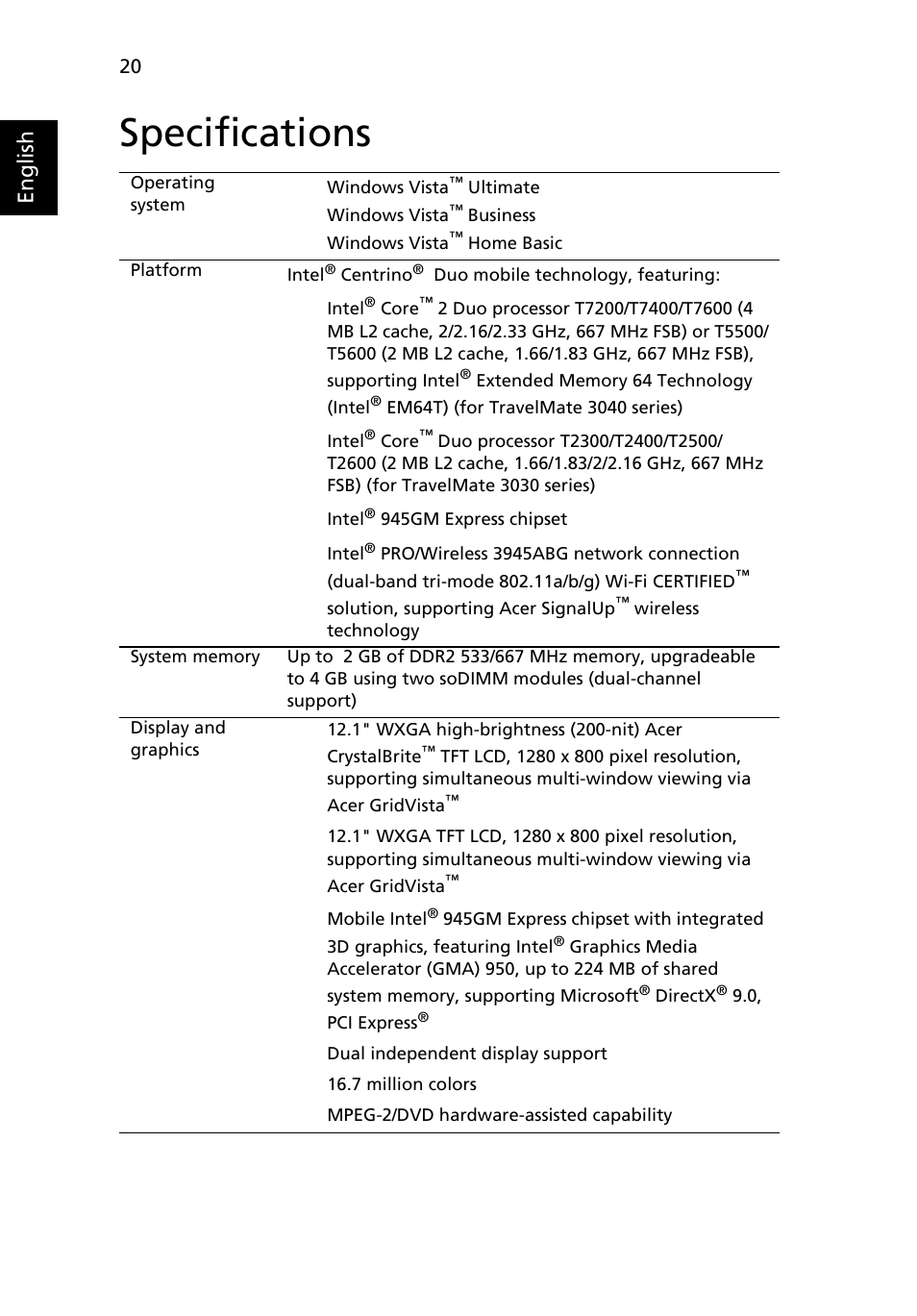 Specifications, English | Acer TravelMate 3040 User Manual | Page 38 / 110