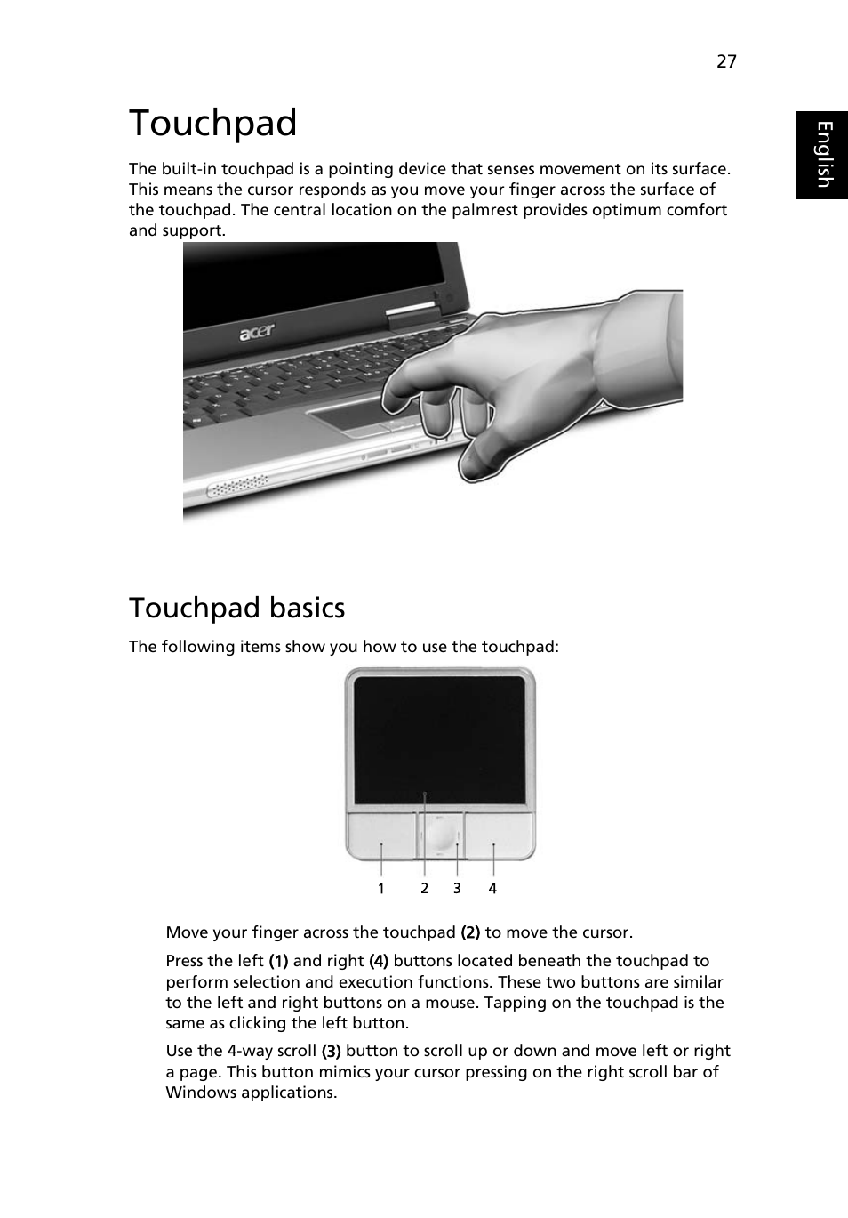 Touchpad, Touchpad basics | Acer TravelMate 3040 User Manual | Page 45 / 110