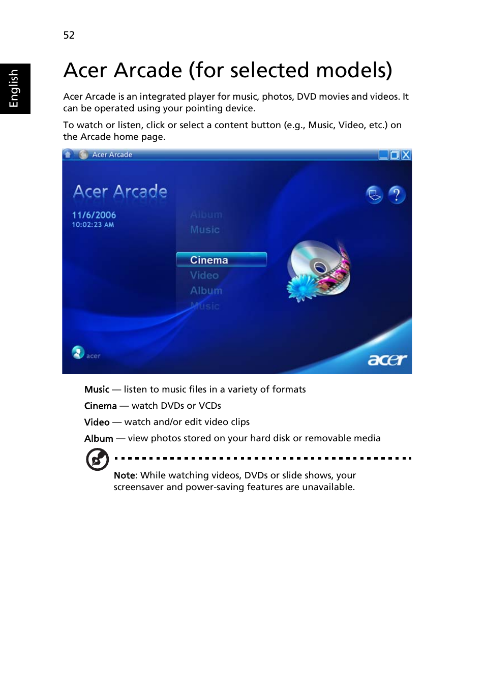 Acer arcade (for selected models) | Acer TravelMate 3040 User Manual | Page 70 / 110