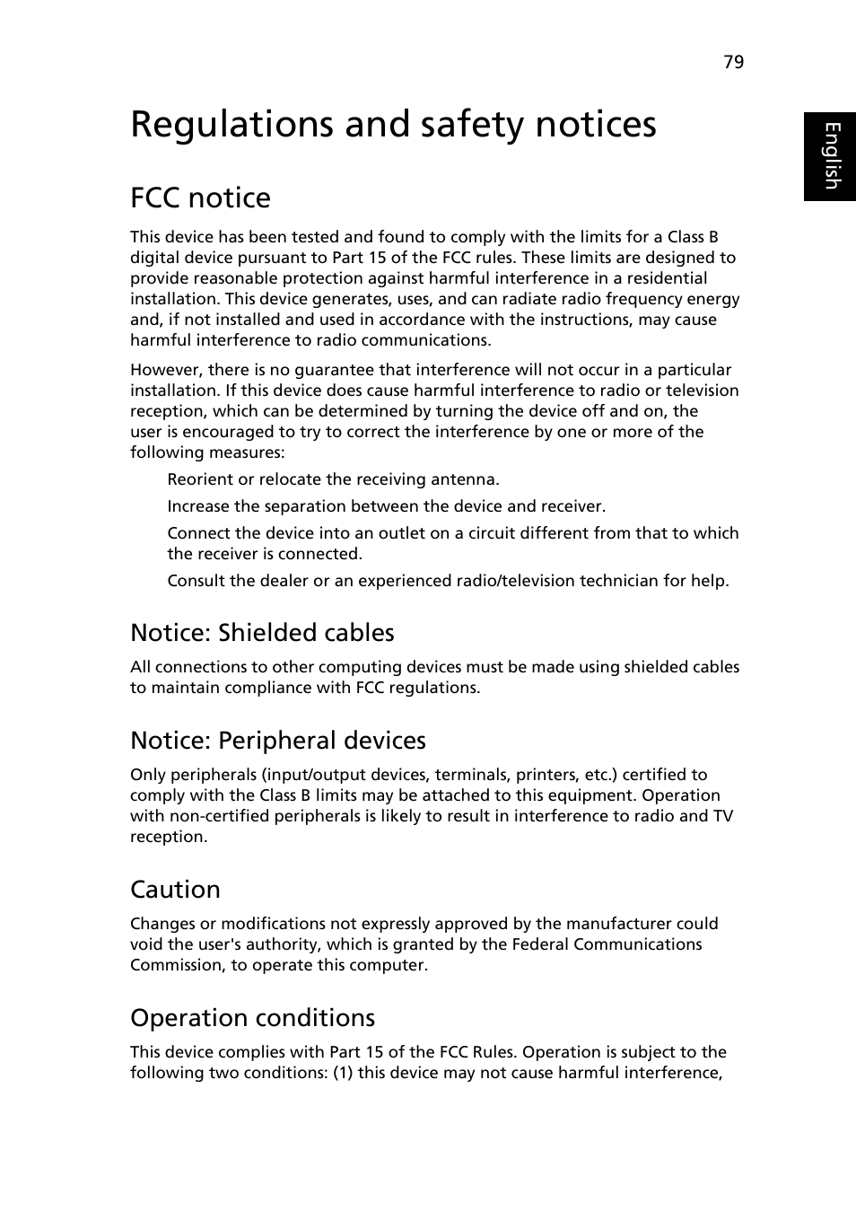 Regulations and safety notices, Fcc notice, Notice: shielded cables | Notice: peripheral devices, Caution, Operation conditions | Acer TravelMate 3040 User Manual | Page 97 / 110