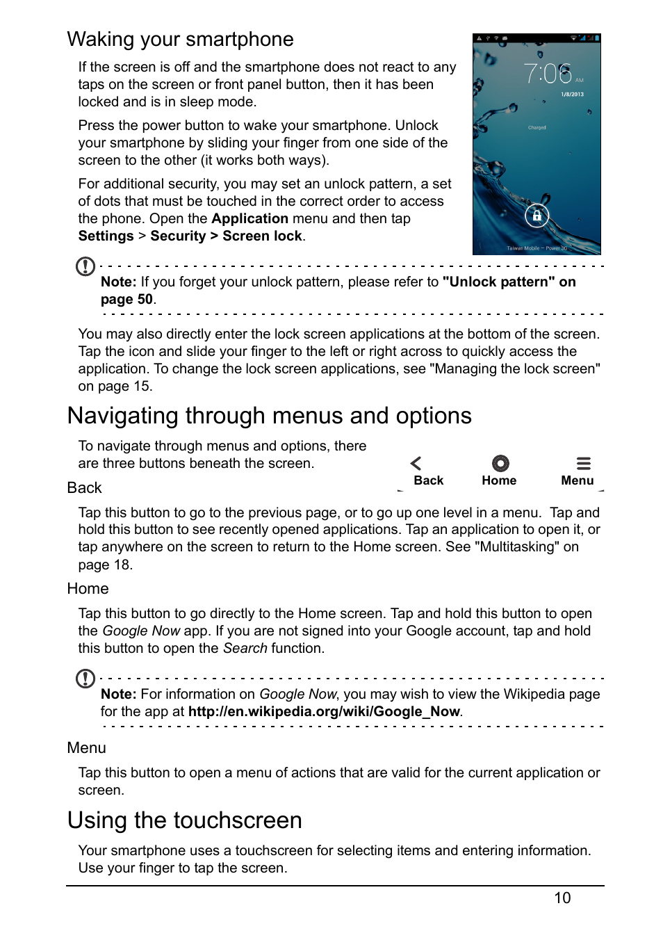 Waking your smartphone, Navigating through menus and options, Using the touchscreen | Acer V370 User Manual | Page 10 / 66