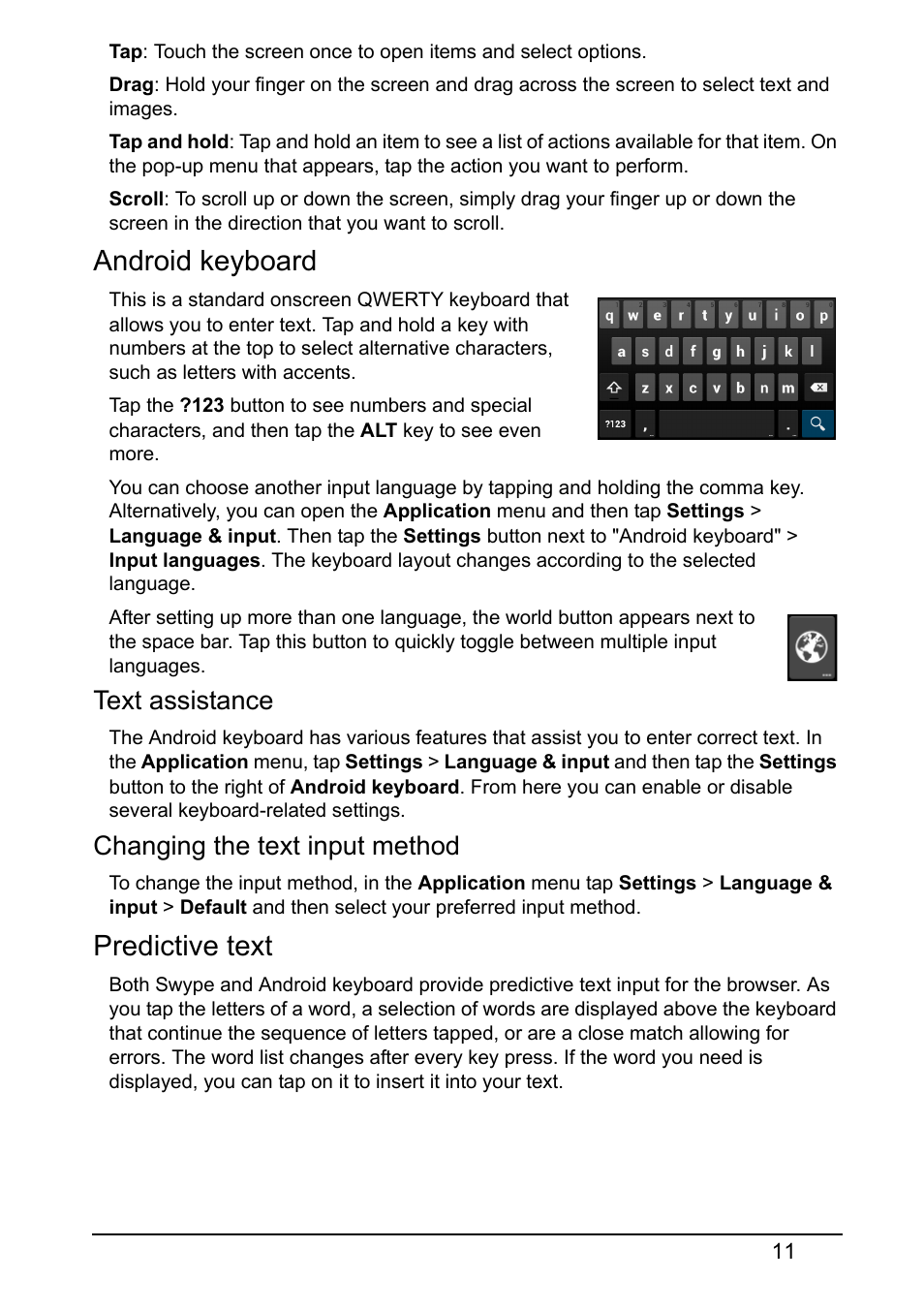 Android keyboard, Predictive text, Text assistance | Changing the text input method | Acer V370 User Manual | Page 11 / 66