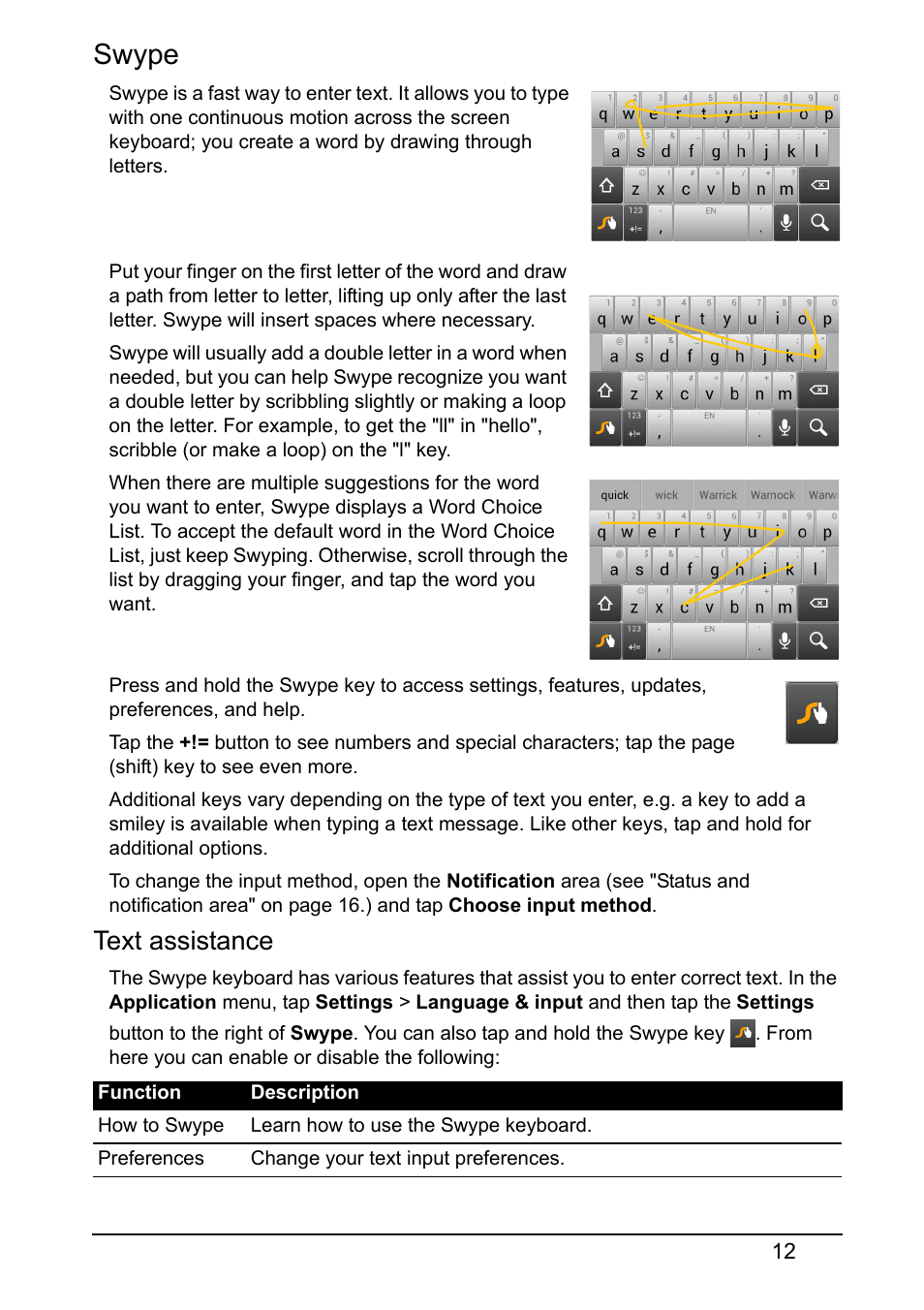 Swype, Text assistance | Acer V370 User Manual | Page 12 / 66