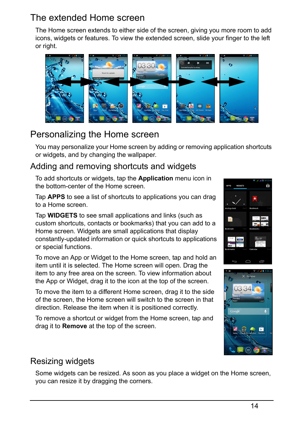 The extended home screen, Personalizing the home screen, Adding and removing shortcuts and widgets | Resizing widgets | Acer V370 User Manual | Page 14 / 66