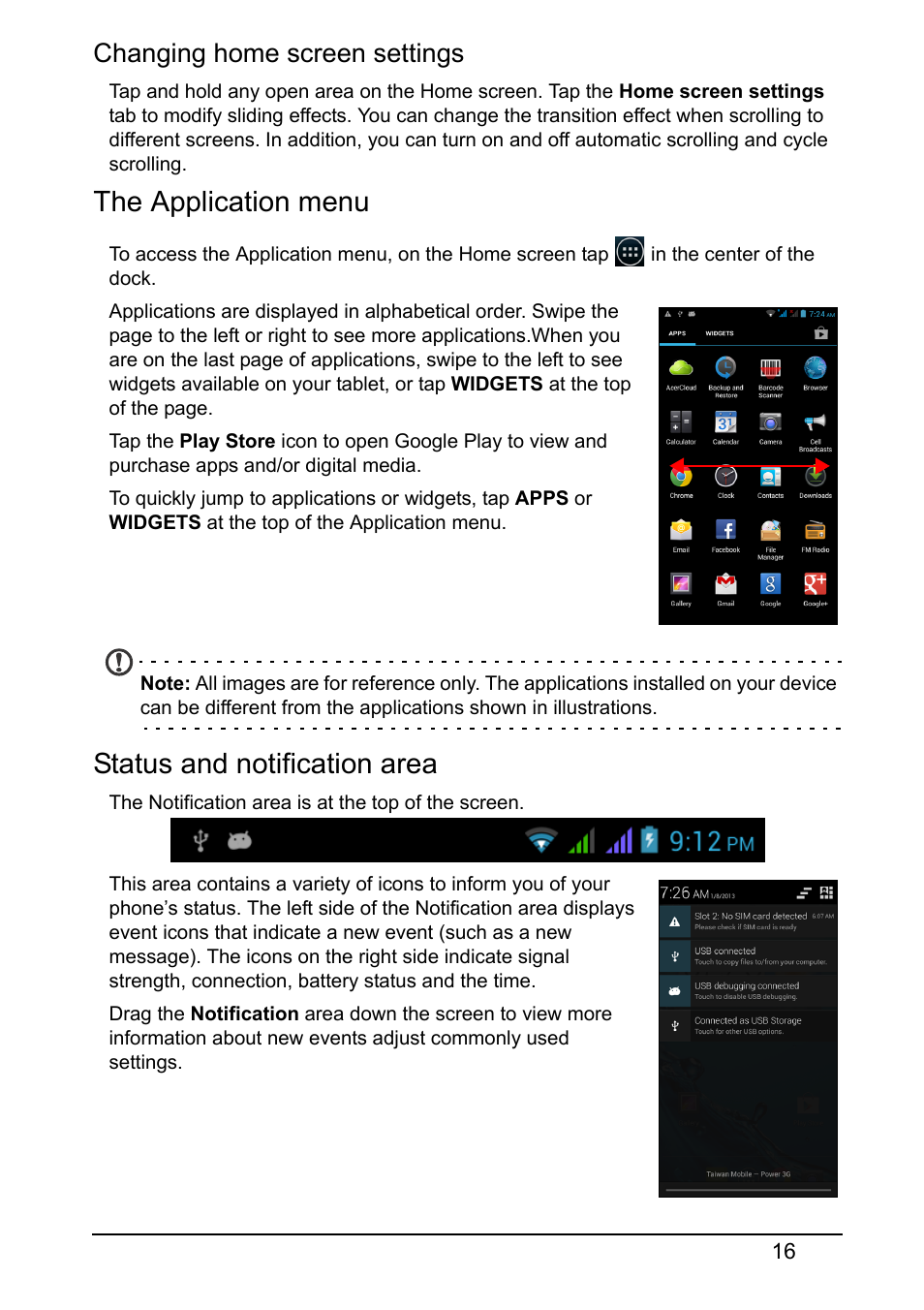 The application menu, Status and notification area, Changing home screen settings | Acer V370 User Manual | Page 16 / 66