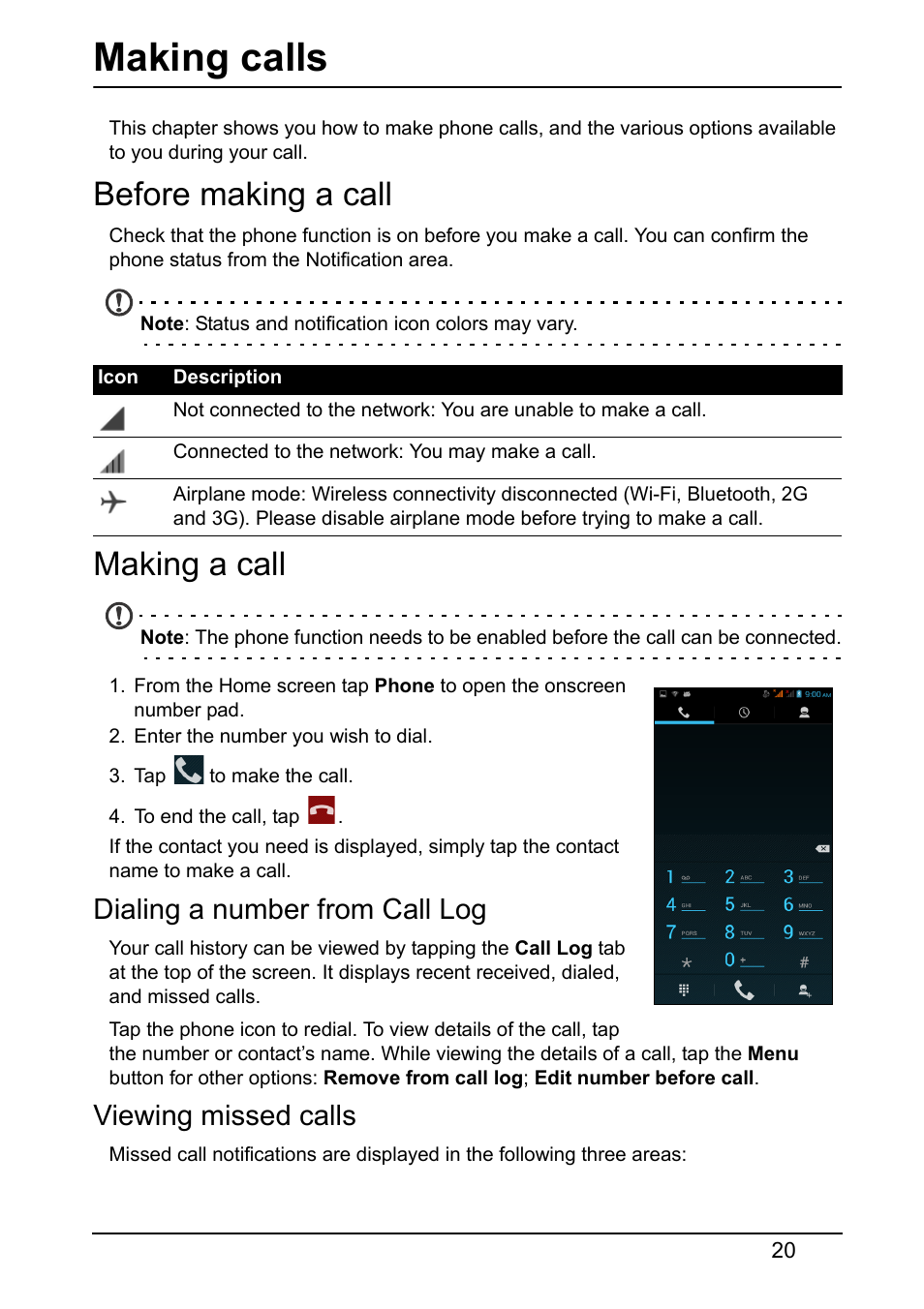 Making calls, Before making a call, Making a call | Dialing a number from call log, Viewing missed calls, Before making a call making a call | Acer V370 User Manual | Page 20 / 66