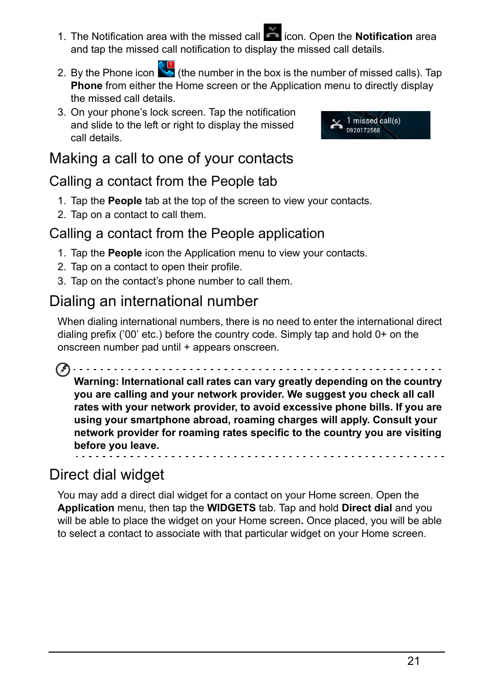 Making a call to one of your contacts, Dialing an international number, Direct dial widget | Calling a contact from the people tab, Calling a contact from the people application | Acer V370 User Manual | Page 21 / 66