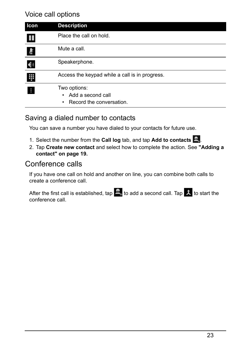 Conference calls, Voice call options, Saving a dialed number to contacts | Acer V370 User Manual | Page 23 / 66