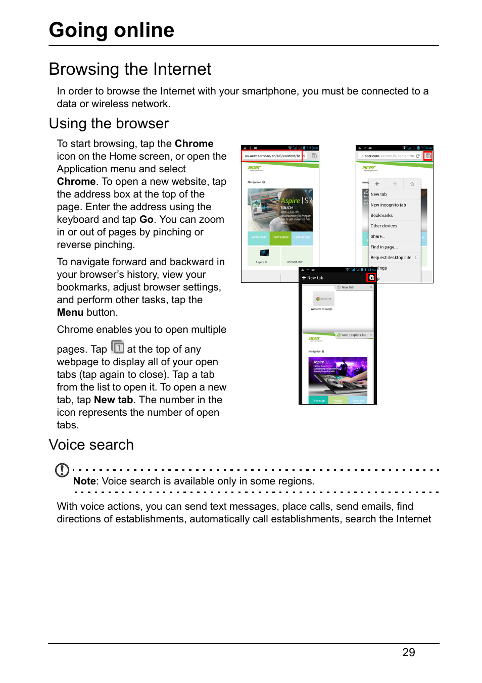 Going online, Browsing the internet, Using the browser | Voice search | Acer V370 User Manual | Page 29 / 66