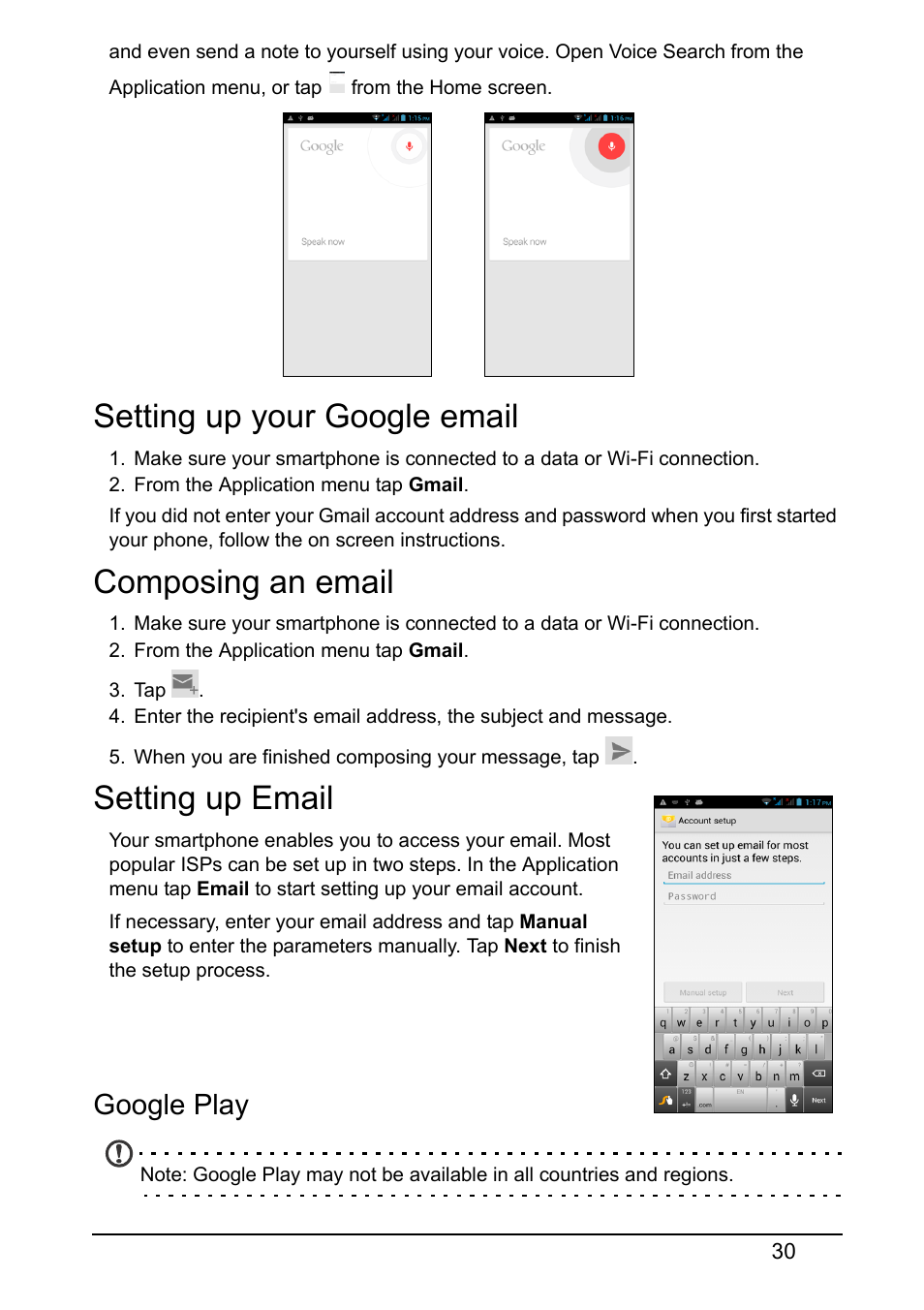 Setting up your google email, Composing an email, Setting up email | Google play | Acer V370 User Manual | Page 30 / 66