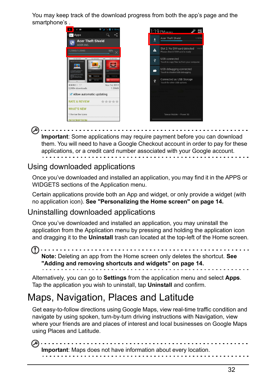 Maps, navigation, places and latitude, Using downloaded applications, Uninstalling downloaded applications | Acer V370 User Manual | Page 32 / 66