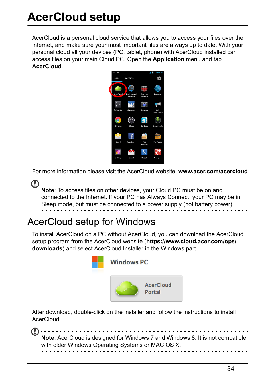 Acercloud setup, Acercloud setup for windows | Acer V370 User Manual | Page 34 / 66