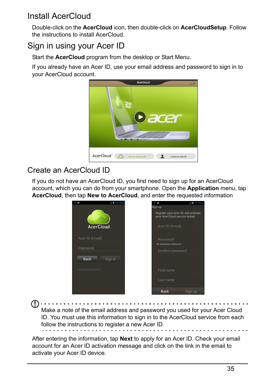 Install acercloud, Sign in using your acer id, Create an acercloud id | Acer V370 User Manual | Page 35 / 66