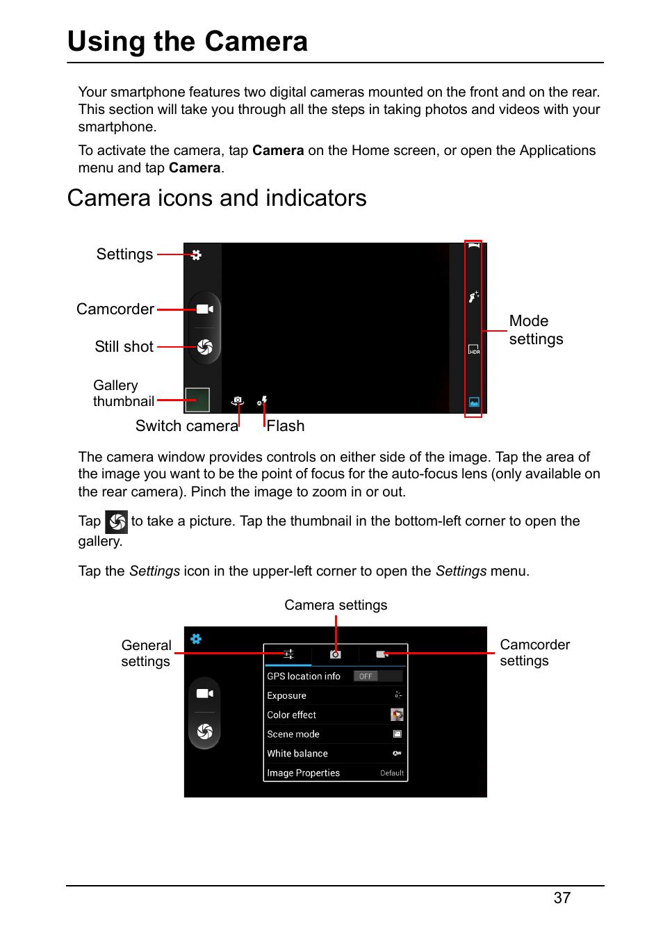 Using the camera, Camera icons and indicators | Acer V370 User Manual | Page 37 / 66