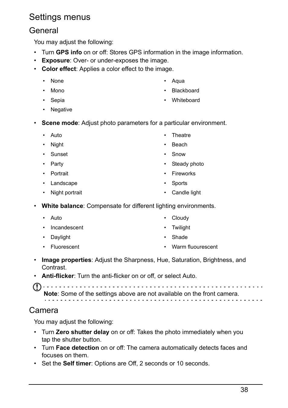 Settings menus, General, Camera | Acer V370 User Manual | Page 38 / 66