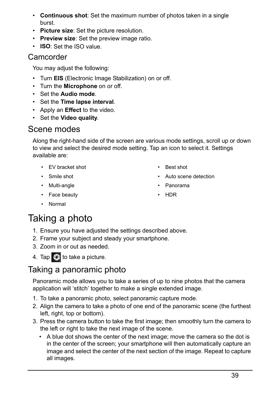 Scene modes, Taking a photo, Taking a panoramic photo | Camcorder | Acer V370 User Manual | Page 39 / 66