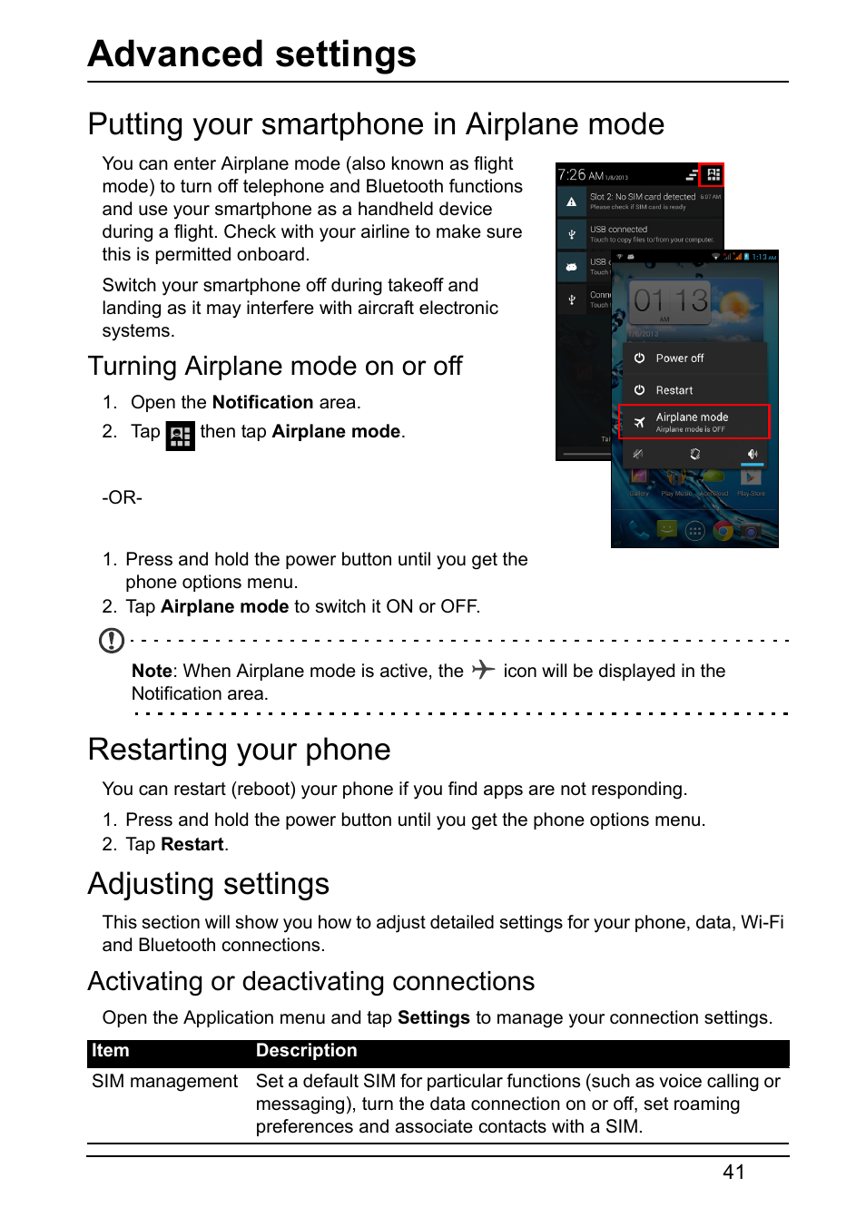 Advanced settings, Putting your smartphone in airplane mode, Turning airplane mode on or off | Restarting your phone, Adjusting settings, Activating or deactivating connections | Acer V370 User Manual | Page 41 / 66