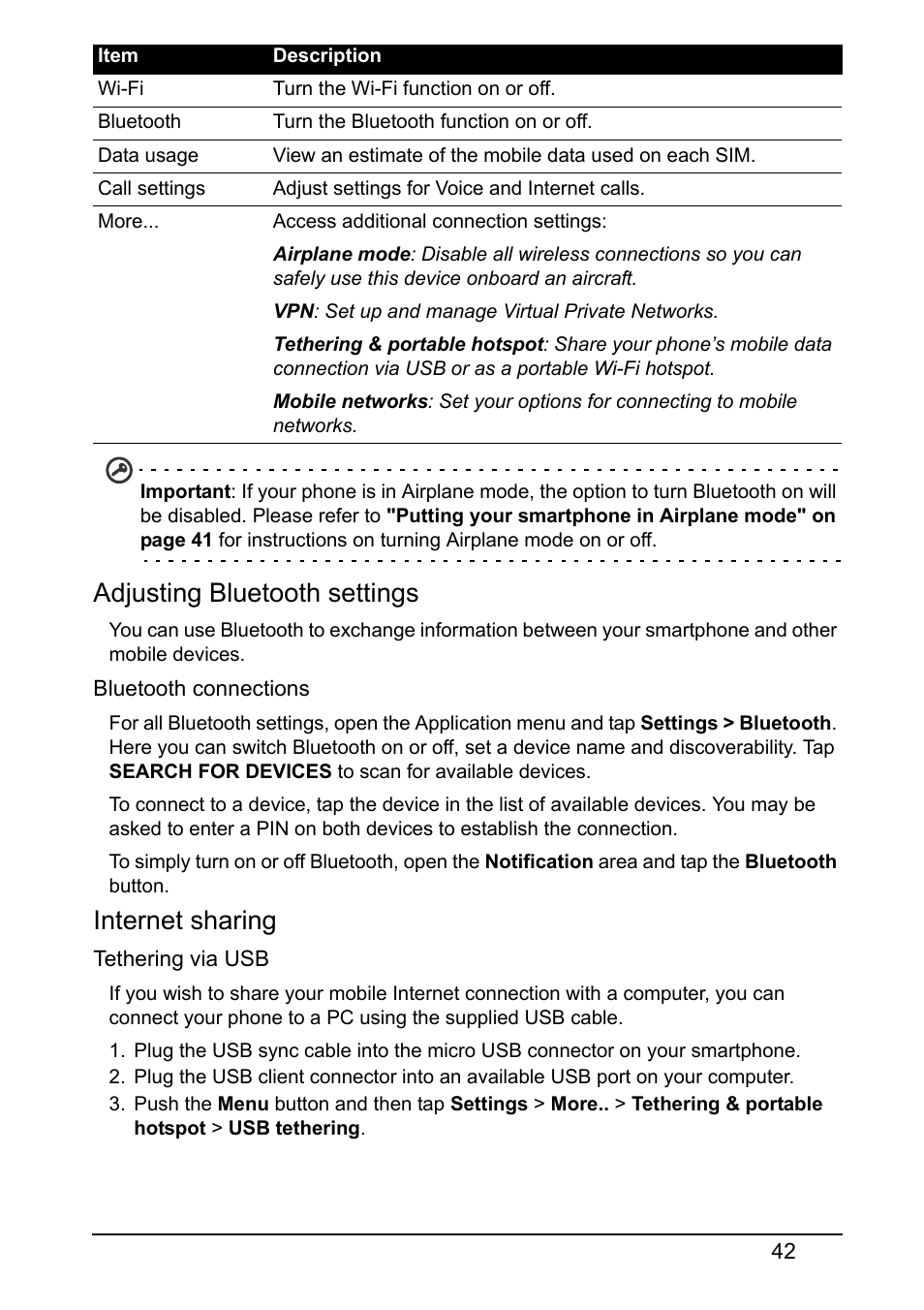 Adjusting bluetooth settings, Internet sharing | Acer V370 User Manual | Page 42 / 66