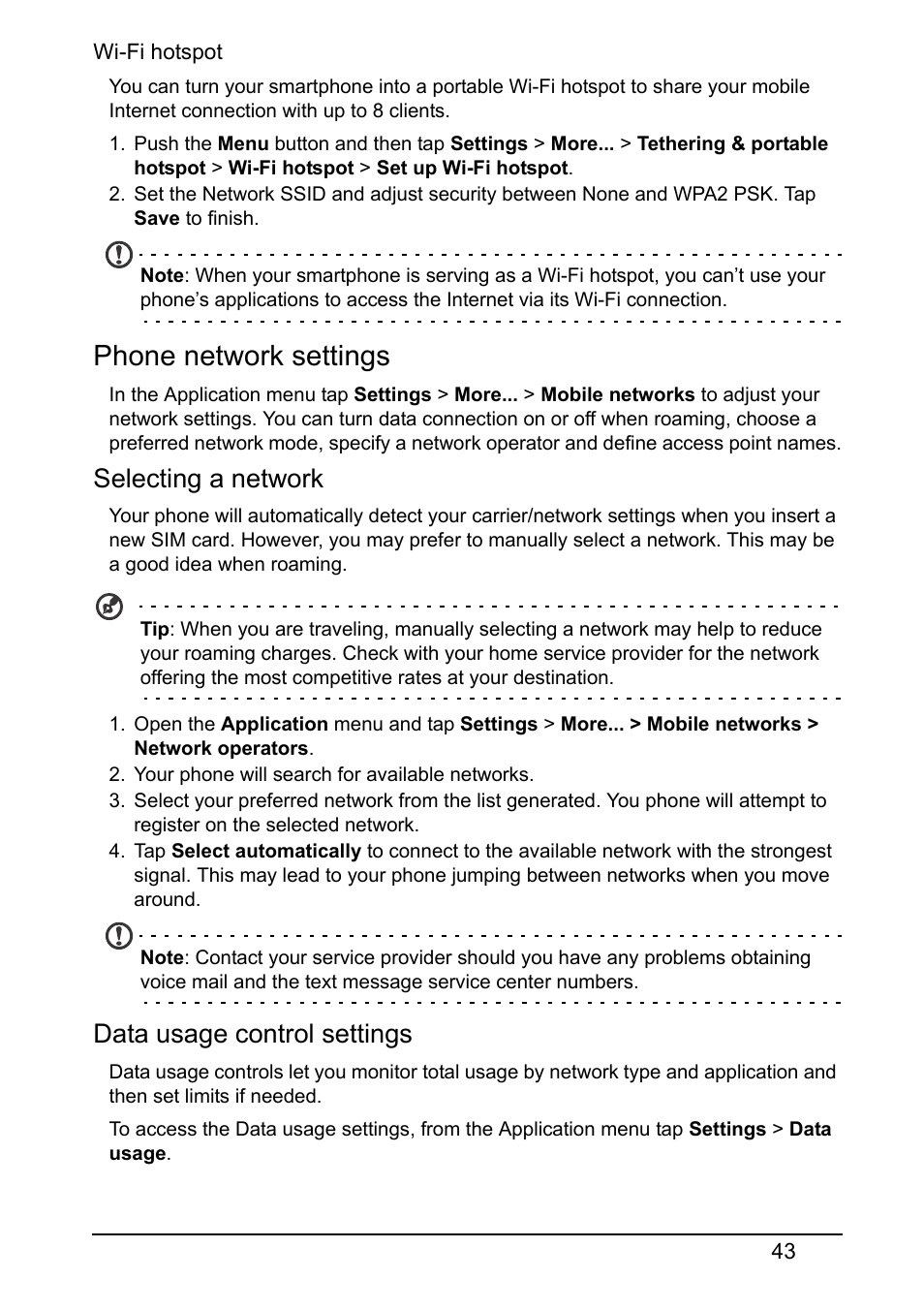 Phone network settings, Selecting a network, Data usage control settings | Acer V370 User Manual | Page 43 / 66