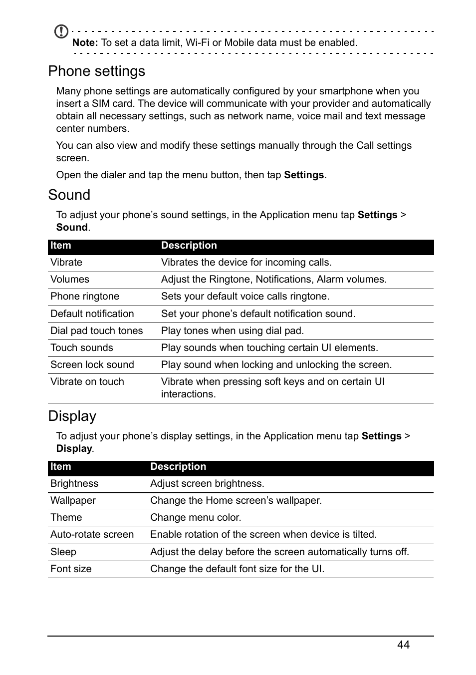 Phone settings, Sound, Display | Acer V370 User Manual | Page 44 / 66