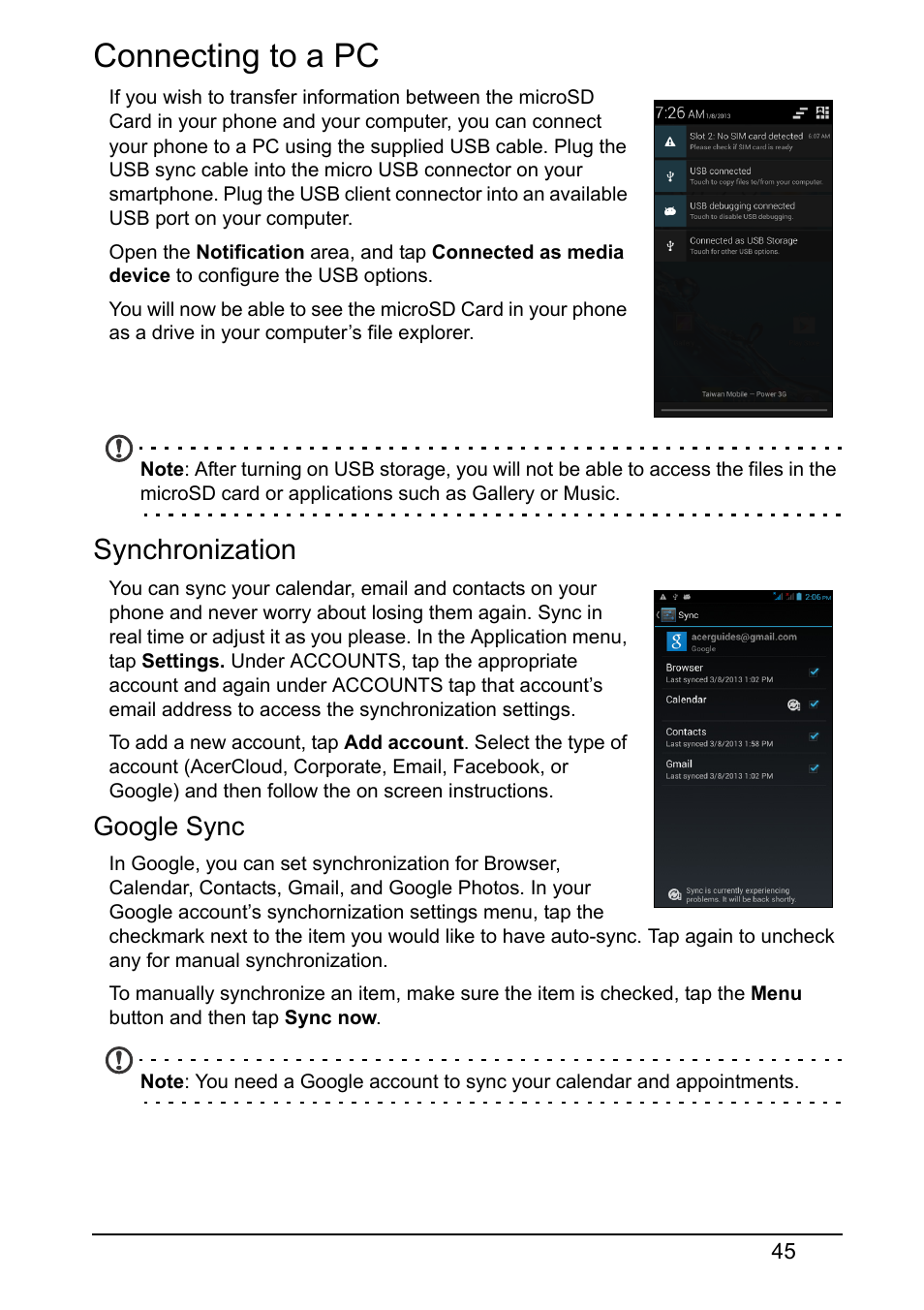 Connecting to a pc, Synchronization, Google sync | Acer V370 User Manual | Page 45 / 66