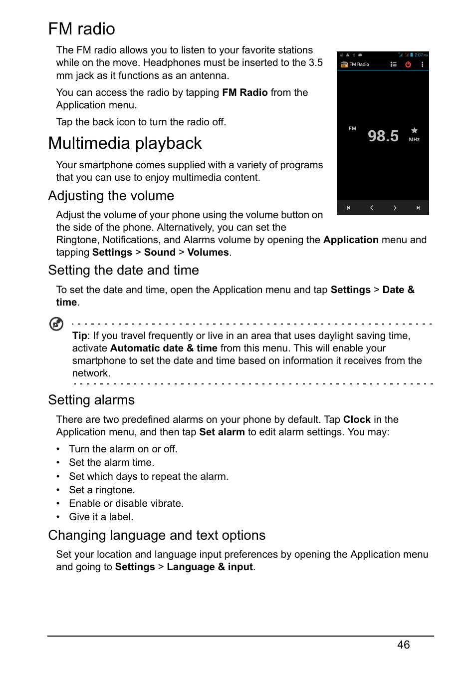 Fm radio, Multimedia playback, Fm radio multimedia playback | Acer V370 User Manual | Page 46 / 66