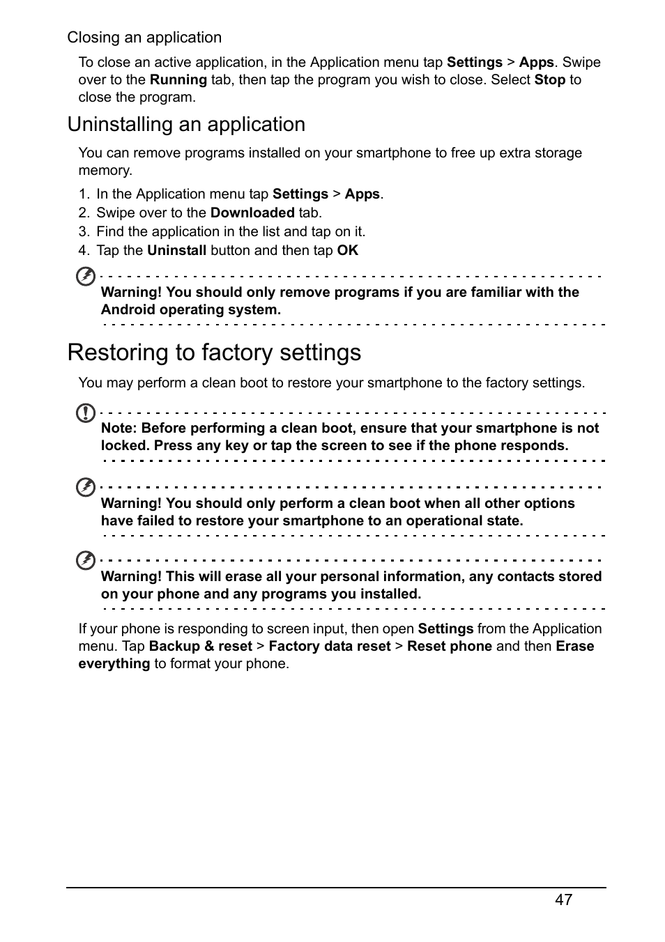 Uninstalling an application, Restoring to factory settings | Acer V370 User Manual | Page 47 / 66