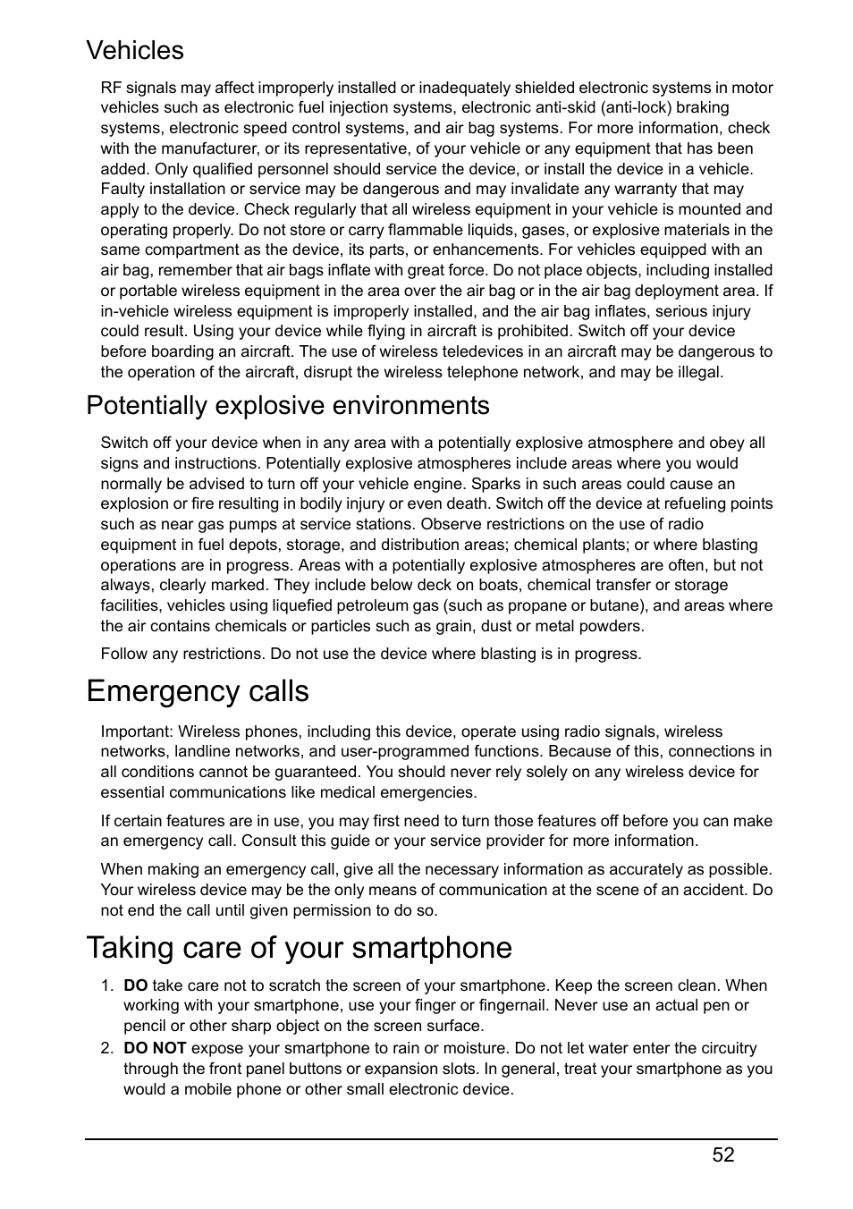 Vehicles, Potentially explosive environments, Emergency calls | Taking care of your smartphone, Emergency calls taking care of your smartphone | Acer V370 User Manual | Page 52 / 66