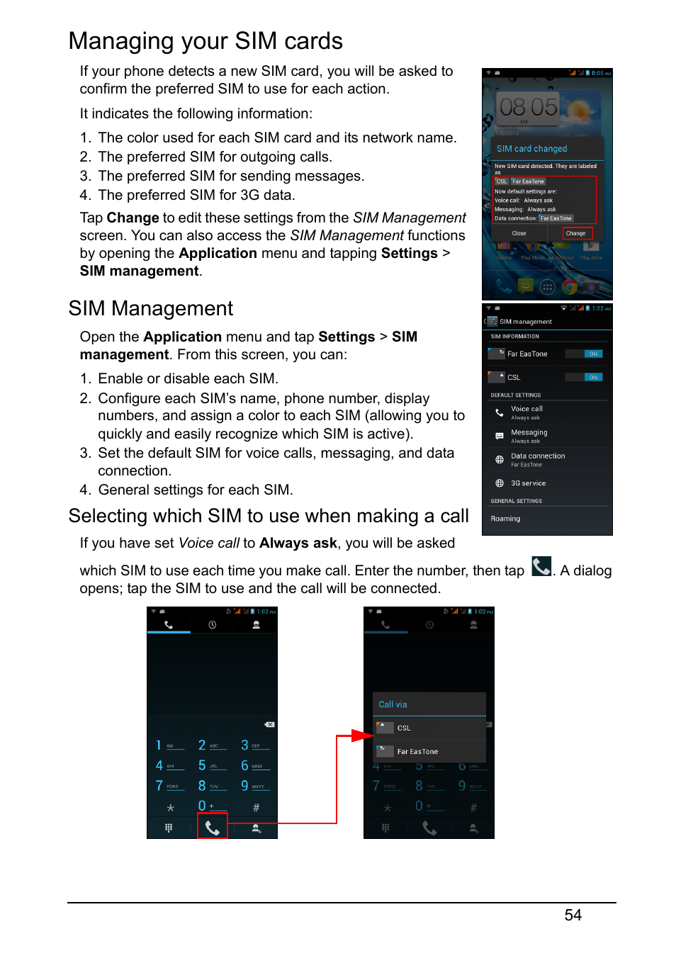 Managing your sim cards, Sim management, Selecting which sim to use when making a call | Acer V370 User Manual | Page 54 / 66