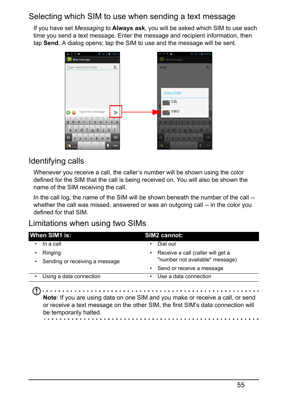 Identifying calls, Limitations when using two sims | Acer V370 User Manual | Page 55 / 66