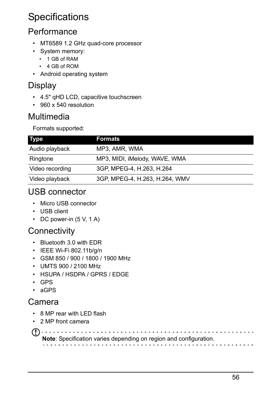 Specifications, Performance, Display | Multimedia, Usb connector, Connectivity, Camera | Acer V370 User Manual | Page 56 / 66