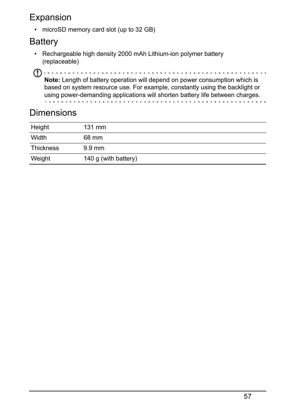 Expansion, Battery, Dimensions | Acer V370 User Manual | Page 57 / 66