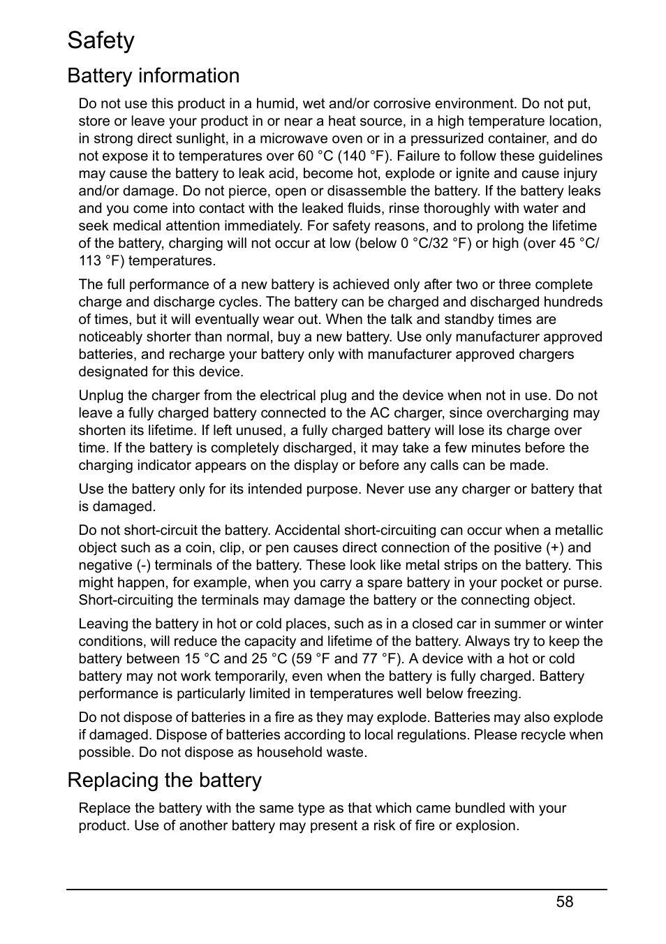 Safety, Battery information, Replacing the battery | Acer V370 User Manual | Page 58 / 66