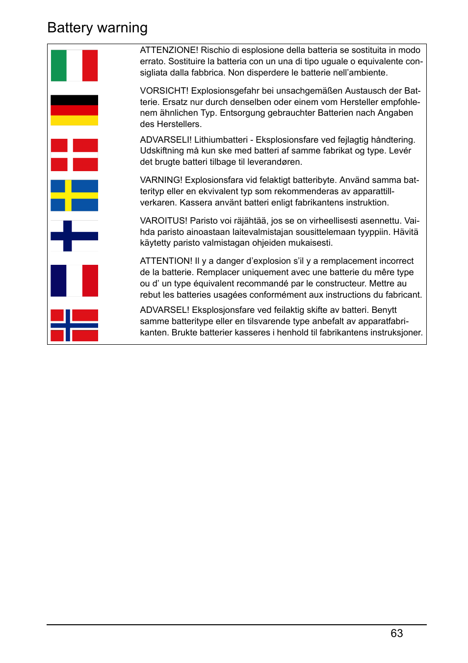 Battery warning | Acer V370 User Manual | Page 63 / 66