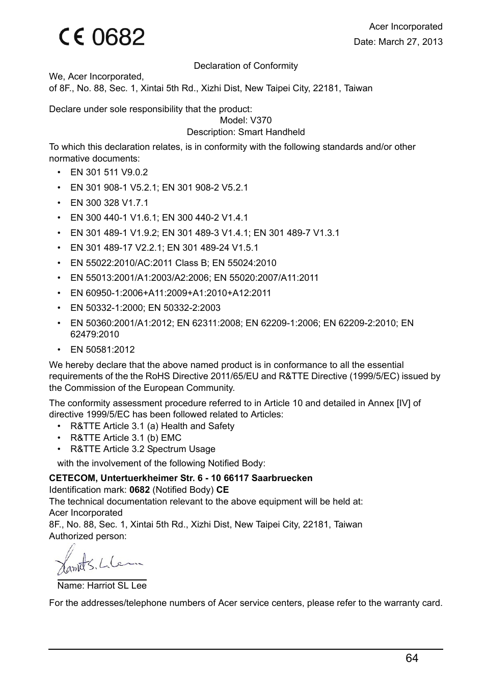 Declaration of conformity | Acer V370 User Manual | Page 64 / 66