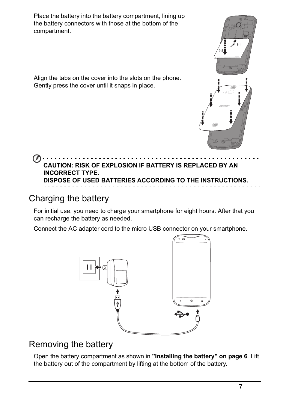 Charging the battery, Removing the battery | Acer V370 User Manual | Page 7 / 66