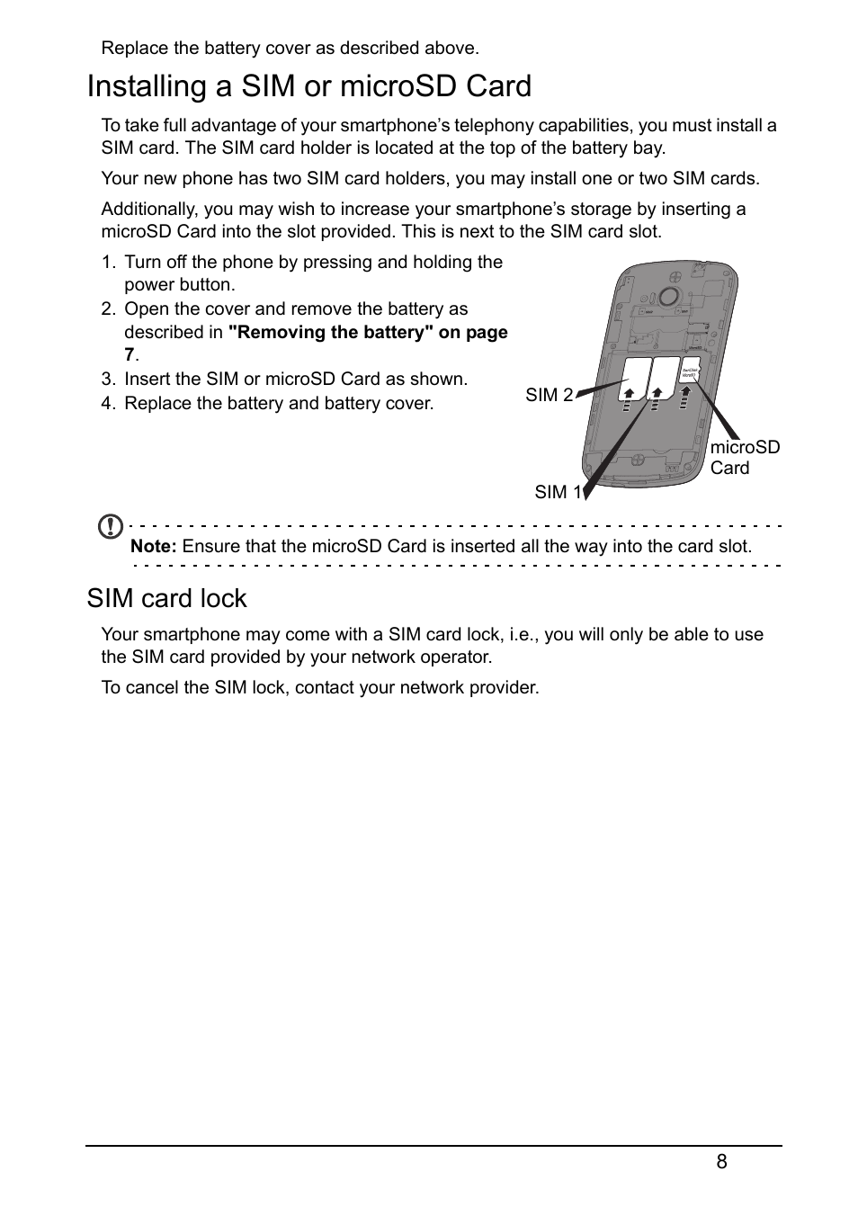 Installing a sim or microsd card, Sim card lock | Acer V370 User Manual | Page 8 / 66