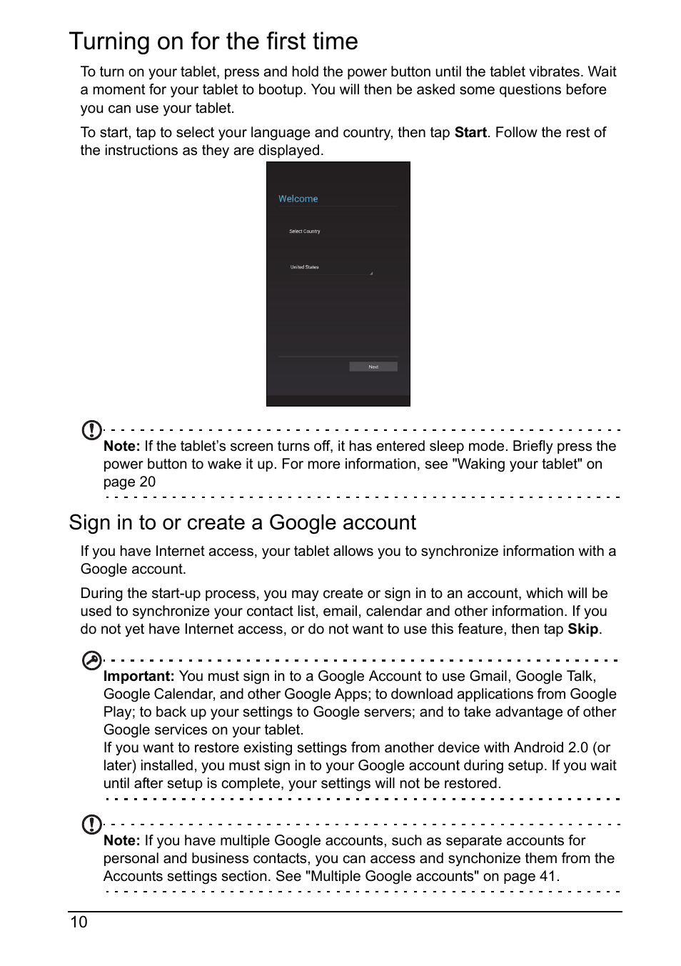 Turning on for the first time, Sign in to or create a google account | Acer A110 User Manual | Page 10 / 48