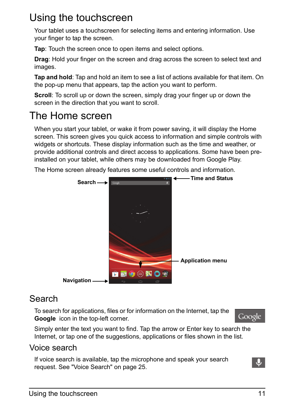 Using the touchscreen, The home screen, Search | Voice search | Acer A110 User Manual | Page 11 / 48