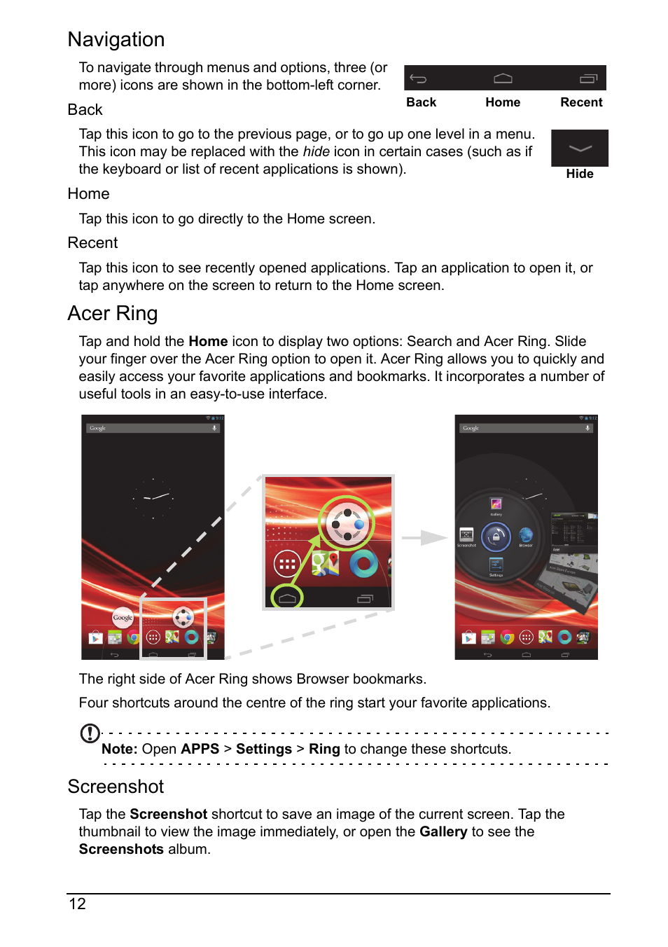 Navigation, Acer ring, Screenshot | Acer A110 User Manual | Page 12 / 48