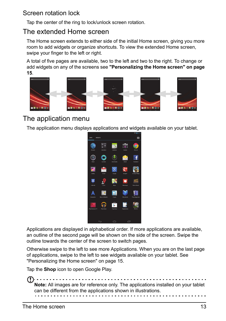 The extended home screen, The application menu, Screen rotation lock | Acer A110 User Manual | Page 13 / 48