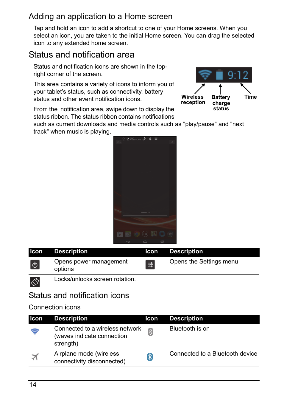 Status and notification area, Adding an application to a home screen, Status and notification icons | Acer A110 User Manual | Page 14 / 48