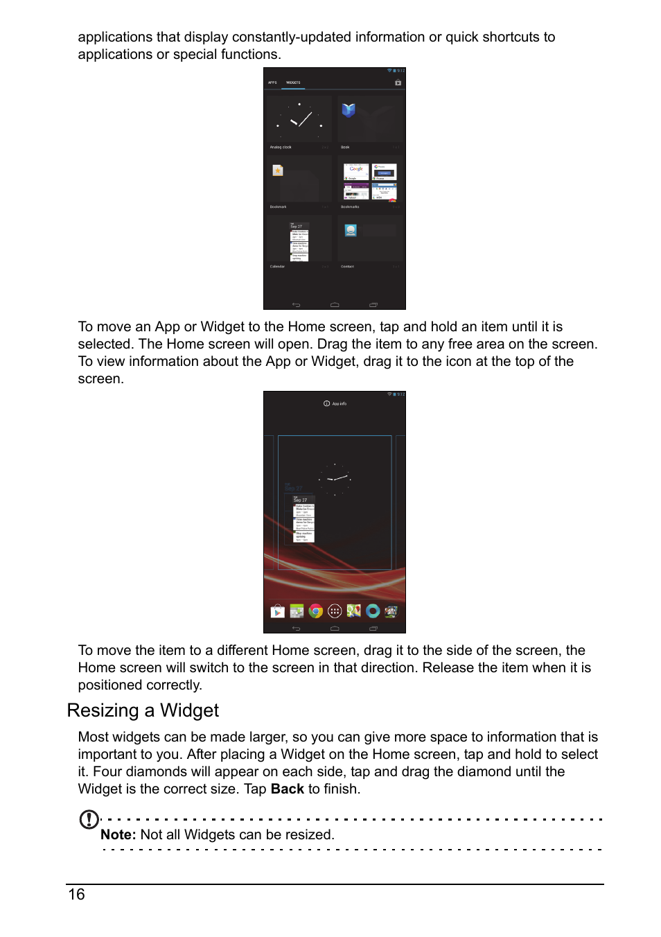 Resizing a widget | Acer A110 User Manual | Page 16 / 48