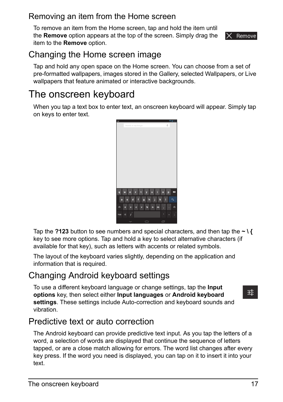 Changing the home screen image, The onscreen keyboard, Changing android keyboard settings | Predictive text or auto correction | Acer A110 User Manual | Page 17 / 48