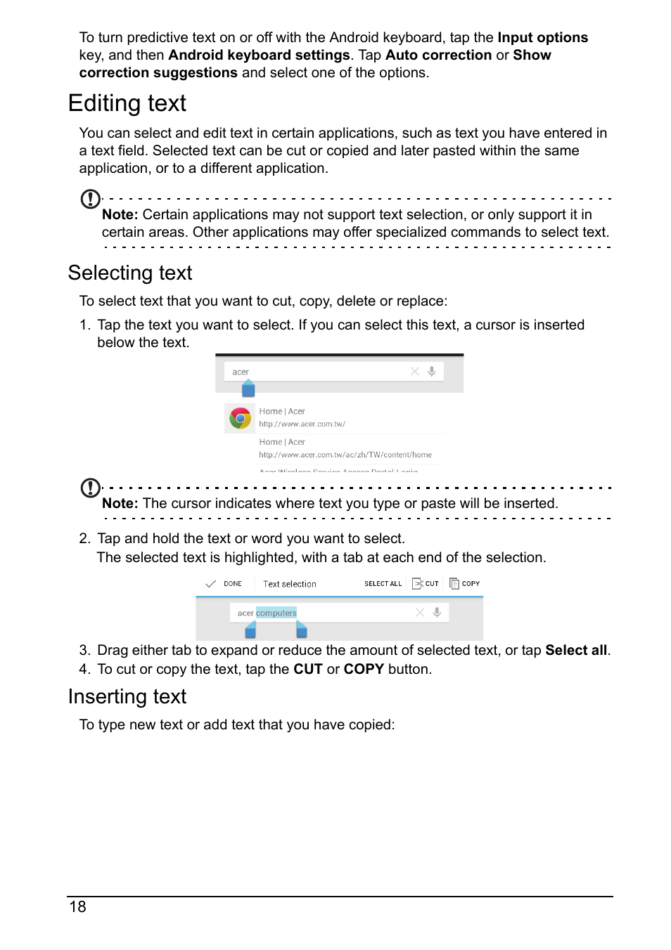 Editing text, Selecting text, Inserting text | Acer A110 User Manual | Page 18 / 48