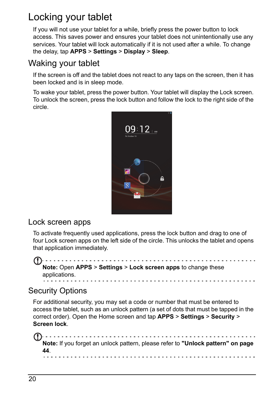 Locking your tablet, Waking your tablet, Lock screen apps | Security options | Acer A110 User Manual | Page 20 / 48