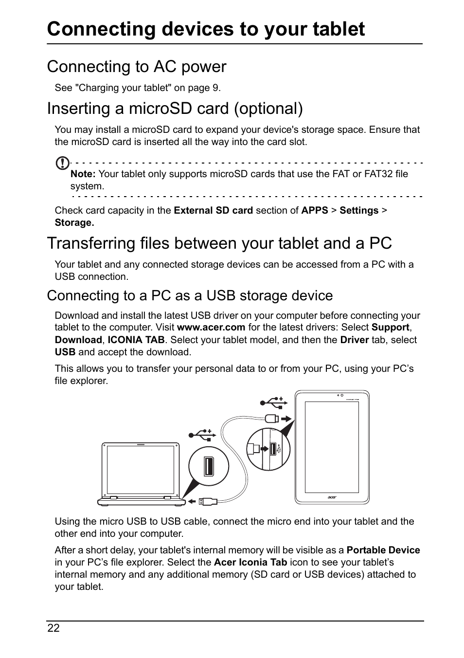 Connecting devices to your tablet, Connecting to ac power, Inserting a microsd card (optional) | Transferring files between your tablet and a pc, Connecting to a pc as a usb storage device | Acer A110 User Manual | Page 22 / 48