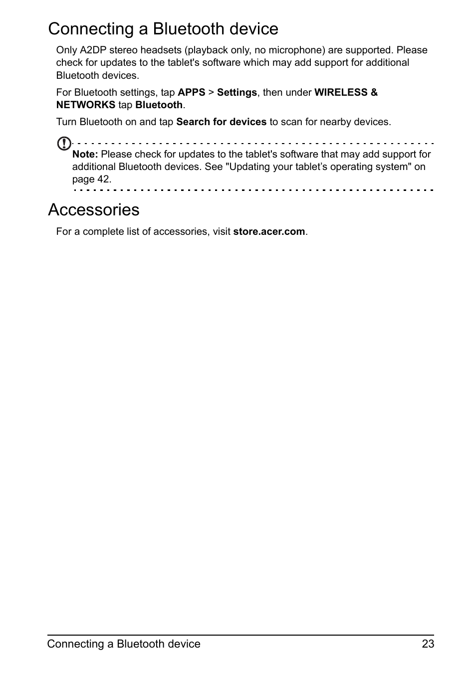 Connecting a bluetooth device, Accessories | Acer A110 User Manual | Page 23 / 48