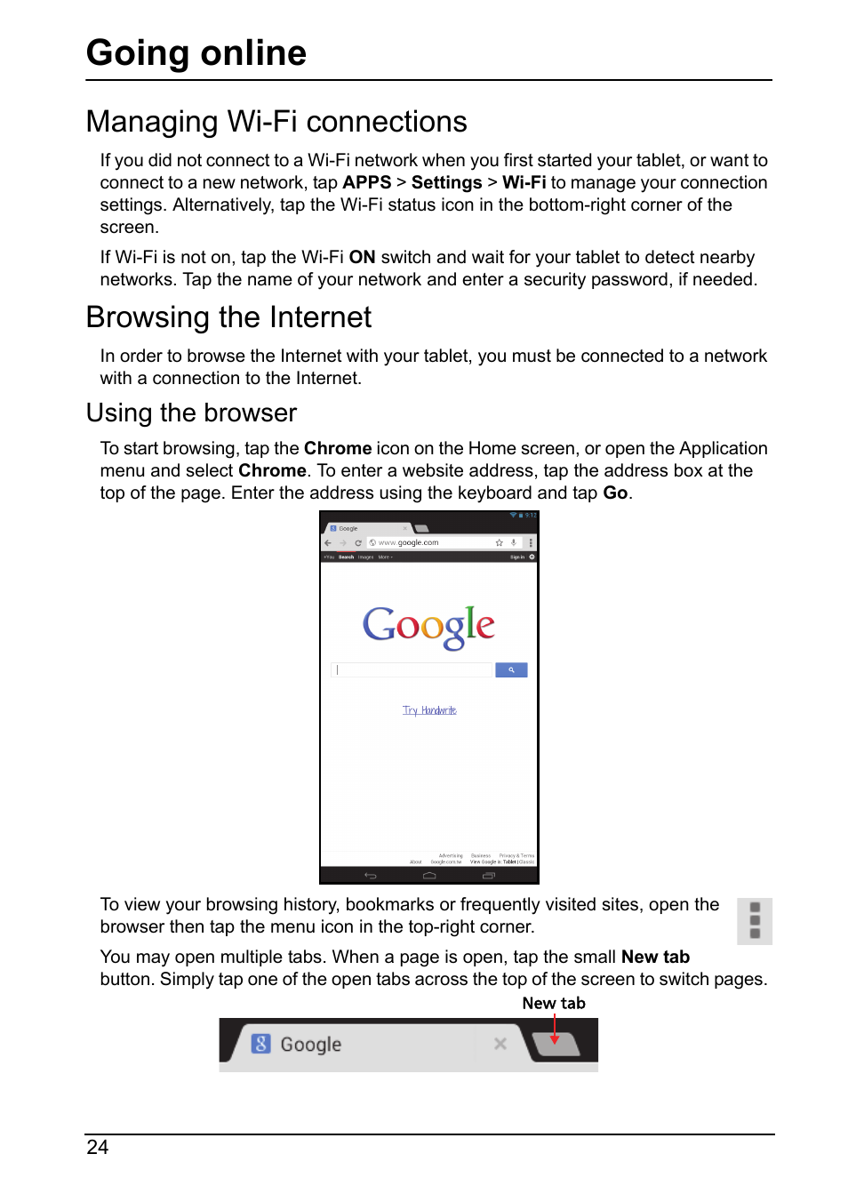 Going online, Managing wi-fi connections, Browsing the internet | Using the browser | Acer A110 User Manual | Page 24 / 48