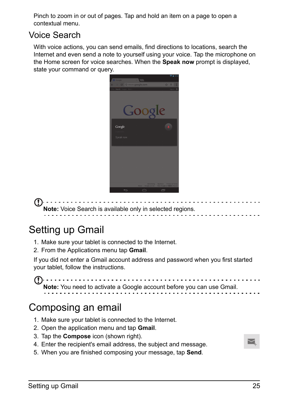 Voice search, Setting up gmail, Composing an email | Acer A110 User Manual | Page 25 / 48